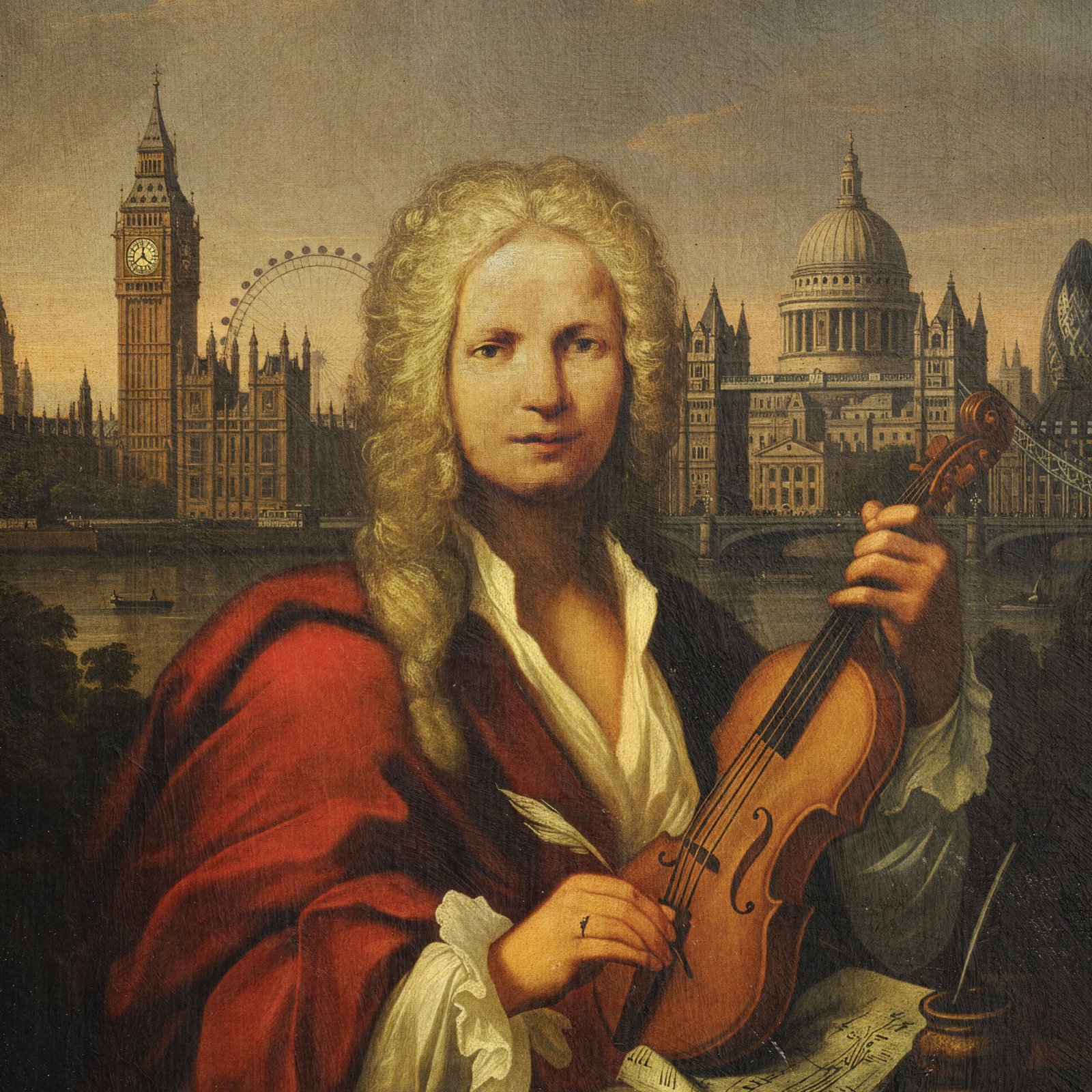 Painting of Vivaldi holding a violin with London cityscape in the background
