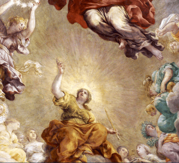 Old fashioned oil painting of people with a very light background