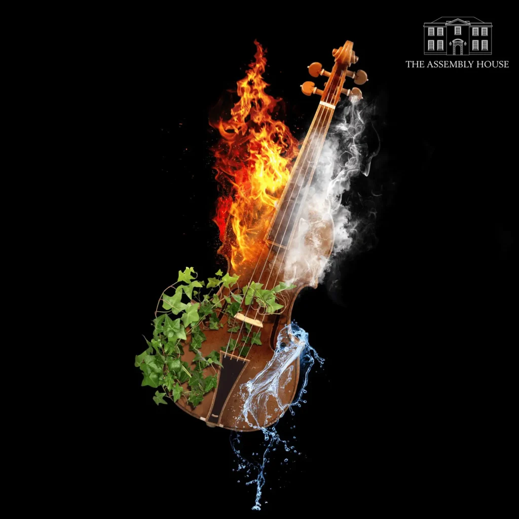 Violin engulfed in fire, water, wind and leaves